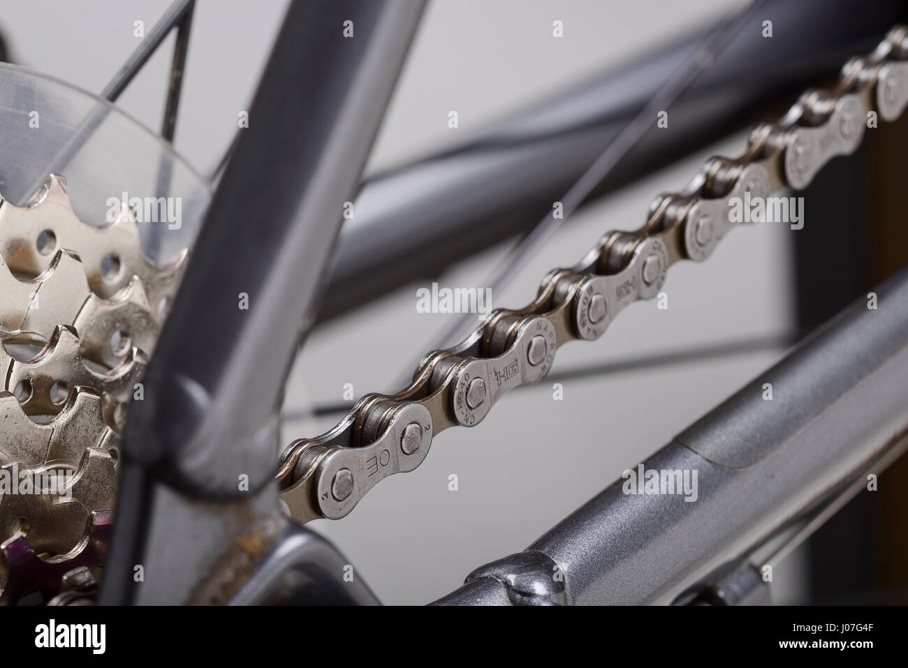 Close up of a bicycle chain and gear cassette. Stock Photo