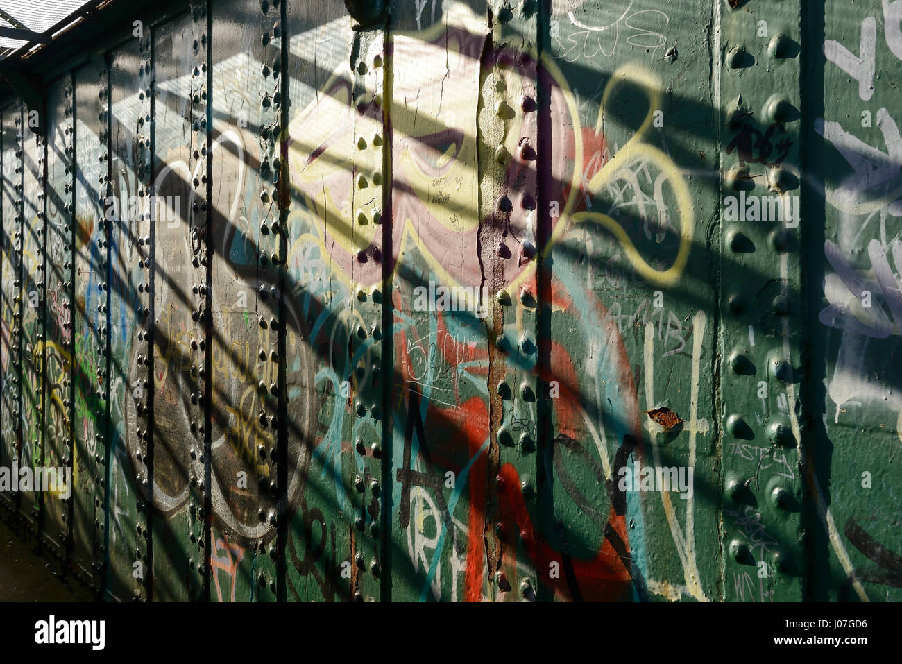 Close up detail of a pedestrian walkway covered in graffiti in Sheffield city centre uk Stock Photo