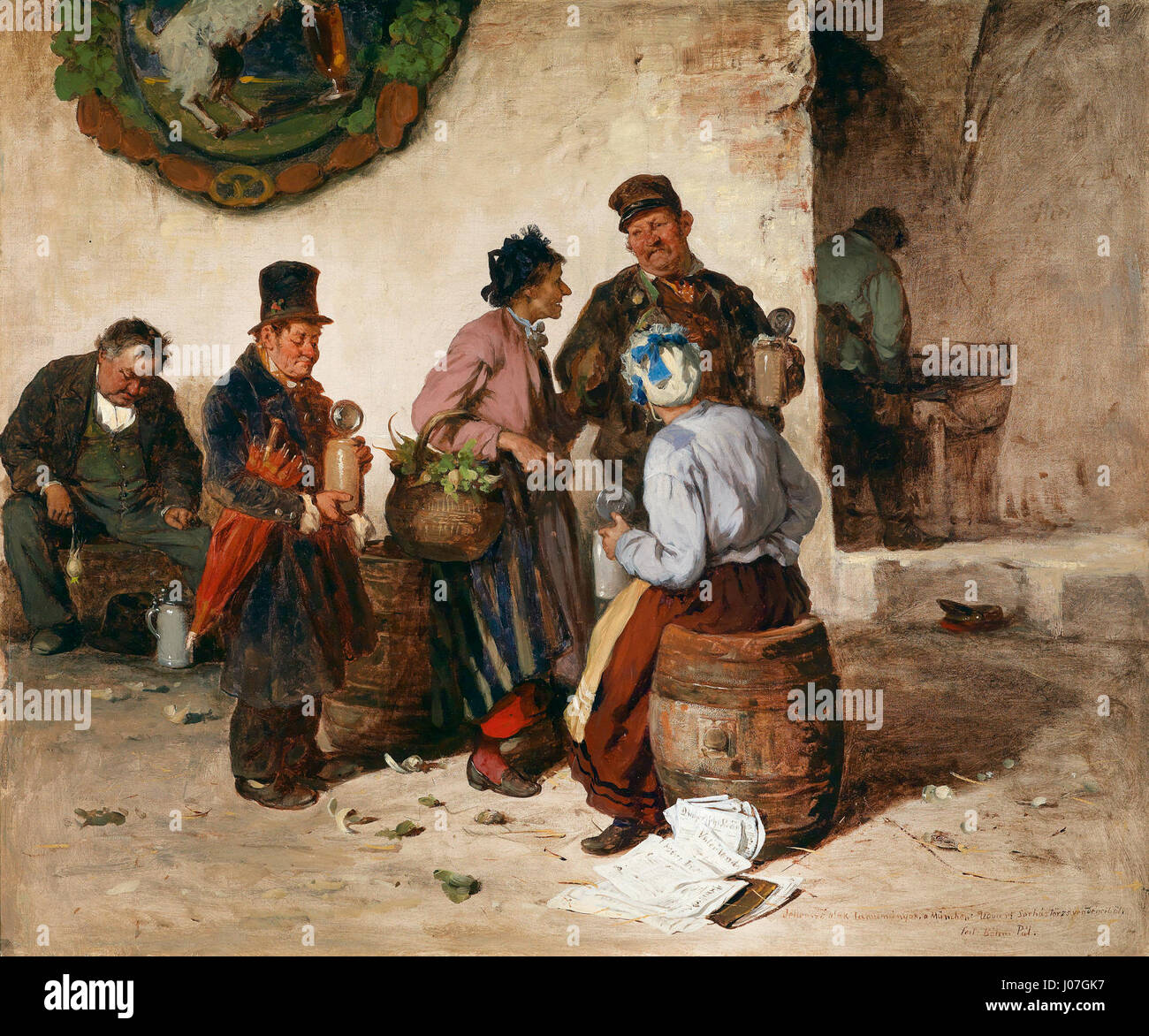 'Pal Böhn Im Münchner Hofbräuhaus' depicts a lively scene inside the famous Hofbräuhaus in Munich, capturing the energy and tradition of Bavarian beer halls. The painting highlights the social aspect of German culture and the importance of these venues in Bavarian life. Stock Photo
