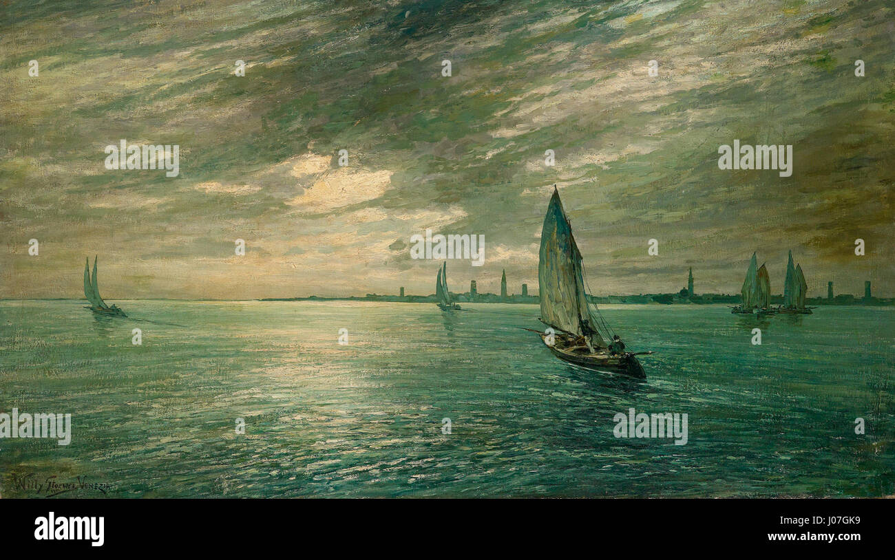 Willi Stöwer's 1903 painting 'Blick auf Venedig in der Abenddämmerung' captures a view of Venice at dusk. Stöwer is known for his maritime and landscape paintings. Stock Photo