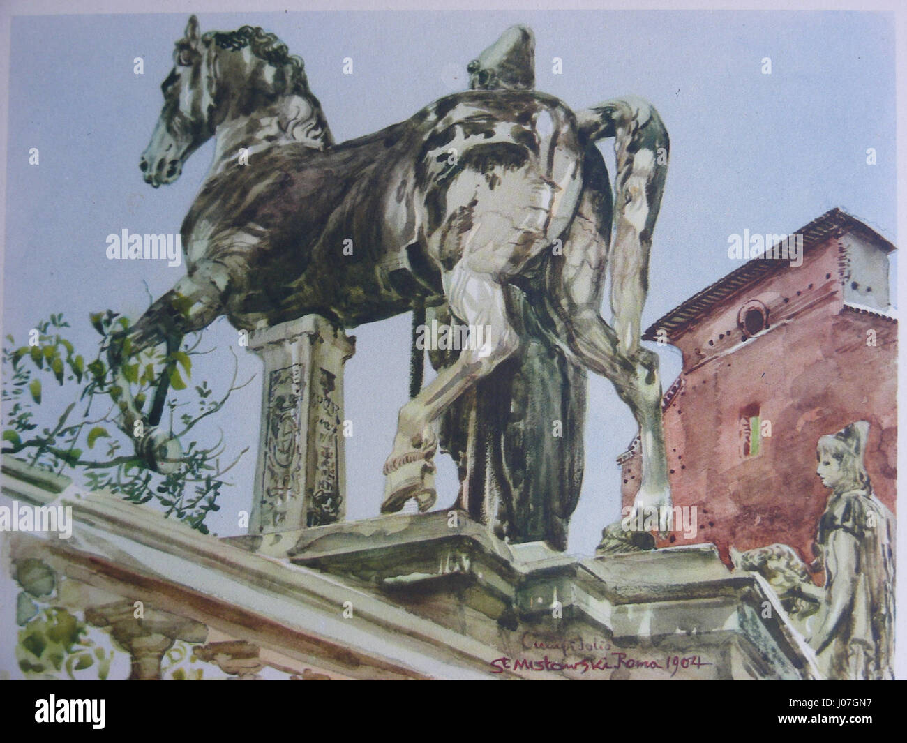 Stanisław Masłowski (1853-1926), The Horse statue in the entrance to Capitoline Hill, Rome,1904,watercolour, 32x43.5 cm Stock Photo