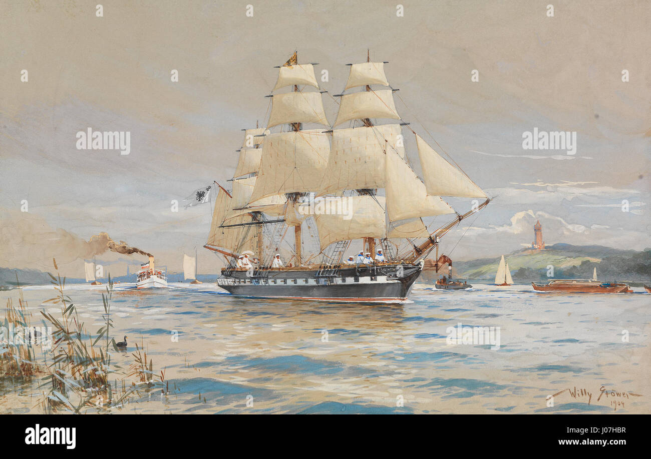 'Royal Louise auf der Havel' (1904) by Willy Stöwer depicts the Royal Louise ship navigating the Havel River. This maritime painting captures the grandeur of the ship amidst the calm waters, highlighting the historical importance of the vessel and the serene landscape of the river. Stock Photo