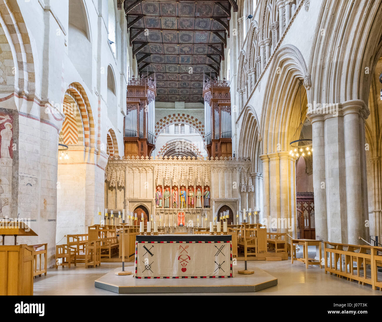 St Albans Cathedral. Nave Sanctuary of the Cathedral and Abbey Church of St Alban, St Albans, Hertfordshire, England, UK Stock Photo