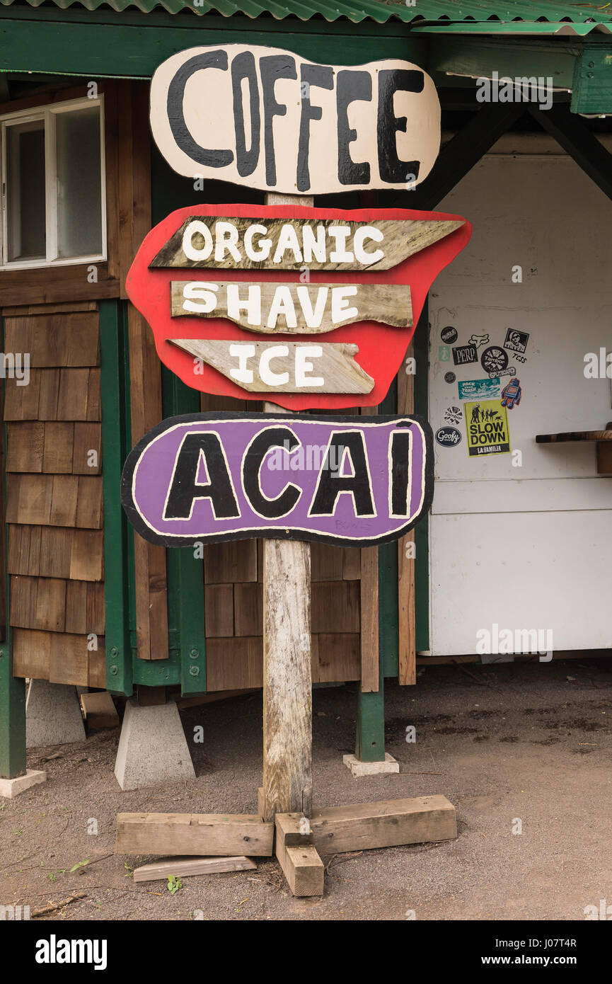 Coffee, Organic Shave Ice, Acai, shop sign, Hanalei, Kauai, Hawaii, USA Stock Photo