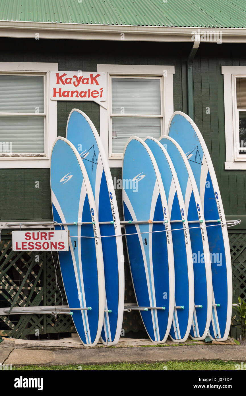 Surf boards for rent, Hanalei, Kauai, Hawaii, USA Stock Photo