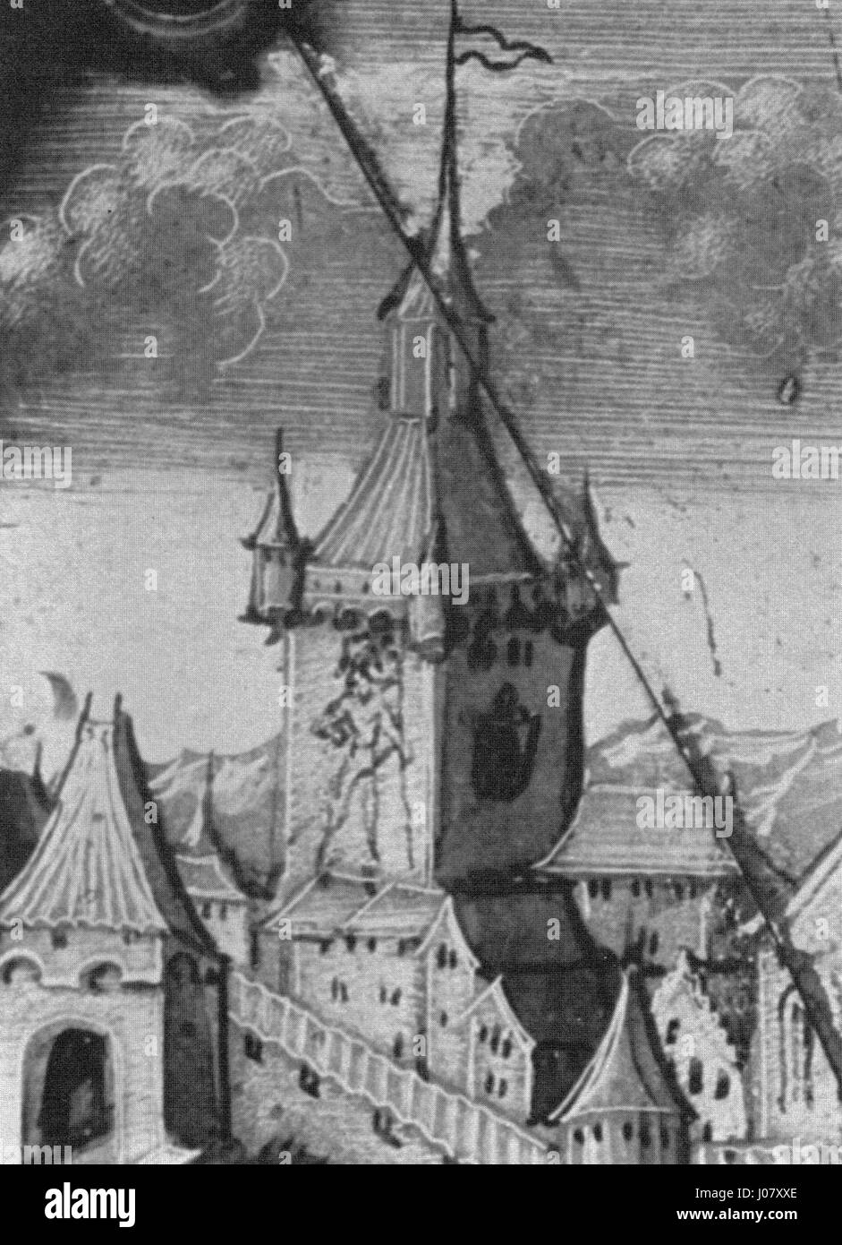 The Zytglogge, a medieval clock tower in Bern, Switzerland, was built in 1542. This iconic landmark features a complex astronomical clock and figurative mechanical figures, representing a blend of engineering and medieval art in Swiss history. Stock Photo