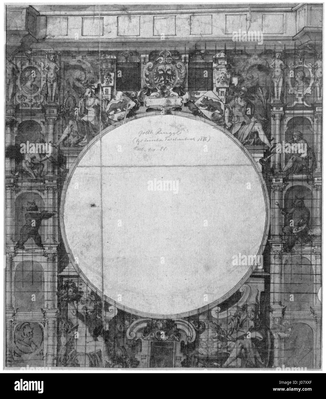 The 1607 draft of the Zytglogge’s east facade is an architectural plan for the famous clock tower in Bern, Switzerland, highlighting the tower's iconic design and function as a historical landmark. Stock Photo