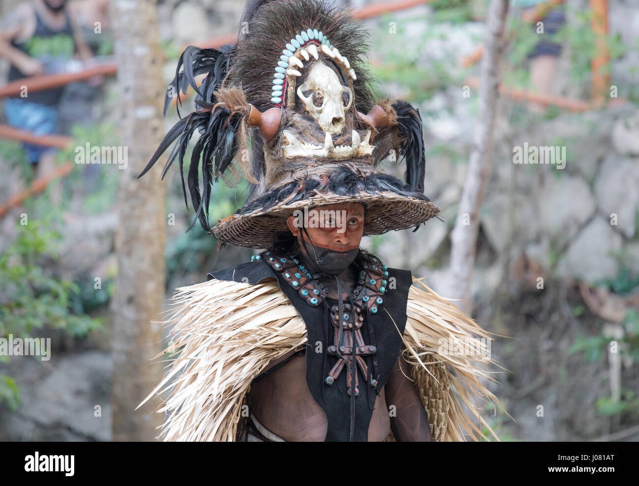 Cancun, Mexico - Mar 16, 2017: Middle aged man dressed in traditional mayan costume. Stock Photo