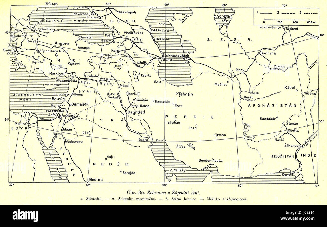 'Zeleznice v Západní Asii' (Railways in Western Asia) is a depiction of ...