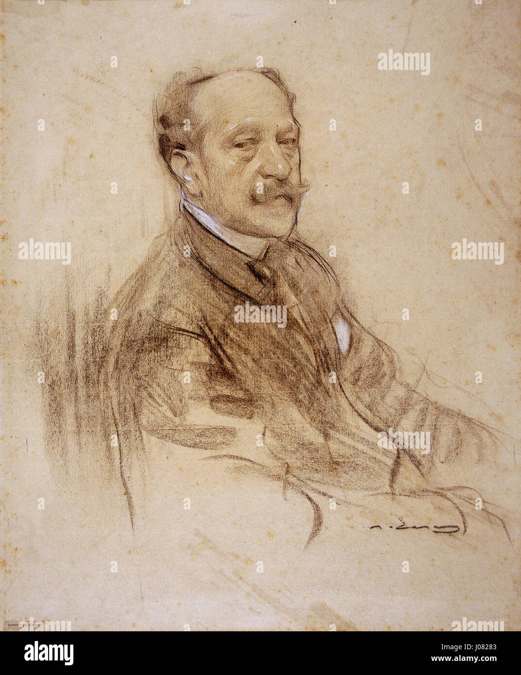 This piece attributed to Ramón Casas, displayed at the Museu Nacional d'Art de Catalunya (MNAC), features the work of a prominent Spanish artist known for his modernist approach. The work illustrates Spanish social life and culture during the late 19th and early 20th centuries. Stock Photo