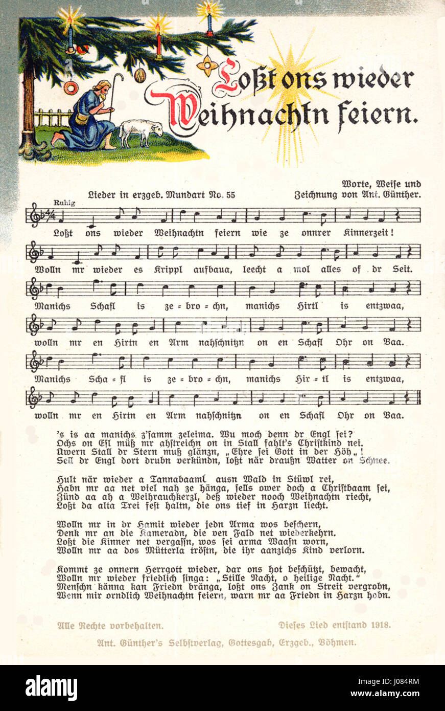 A 1918 poster titled 'Logt ons wieder Weihnacht'n feiern,' promoting Christmas celebrations during the end of World War I. The design evokes a sense of tradition and festive spirit amidst the hardships of the time. Stock Photo