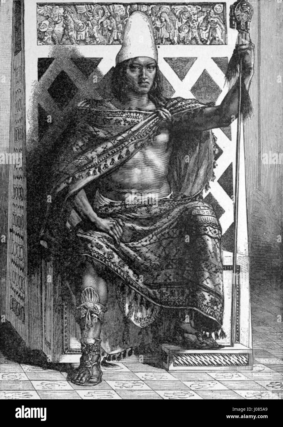 This portrait of Moctezuma II, the last Aztec emperor, presents him in traditional attire, highlighting his royal status and the grandeur of the Aztec Empire. The depiction emphasizes his regal demeanor, symbolizing his position during the Spanish conquest of the Aztec Empire in the early 16th century. Stock Photo