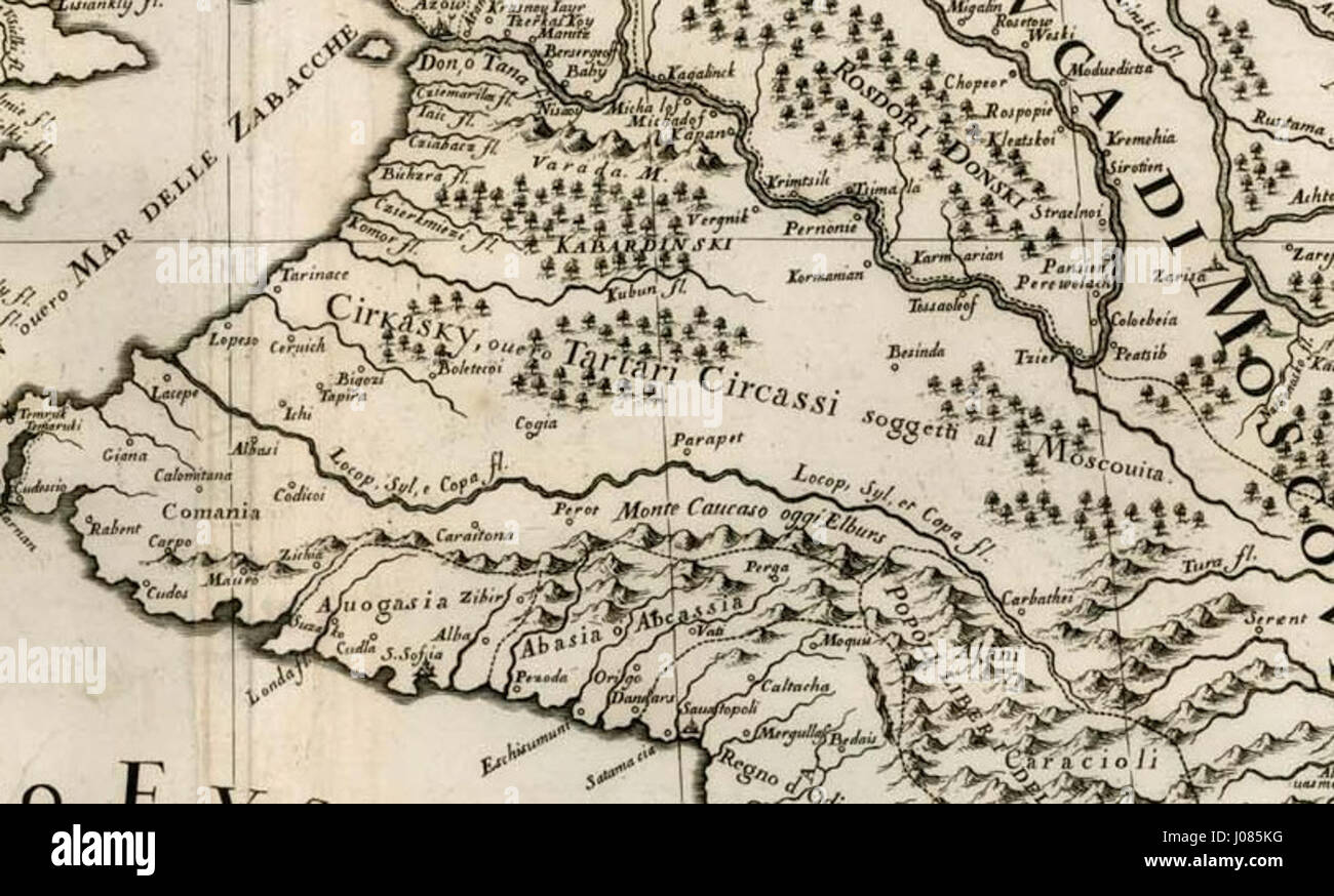 A historical document from 1684, focused on Circassia, a region known for its people’s distinctive culture and history in the Caucasus. The text describes key elements of Circassian society and geography in the late 17th century. Stock Photo