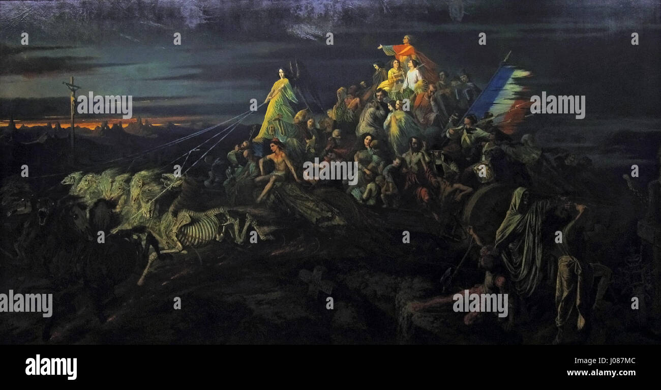 Théophile Schuler’s painting 'Le Char de la Mort,' depicting a skeletal figure driving a chariot filled with coffins and mourners, symbolizing the inevitability of death.