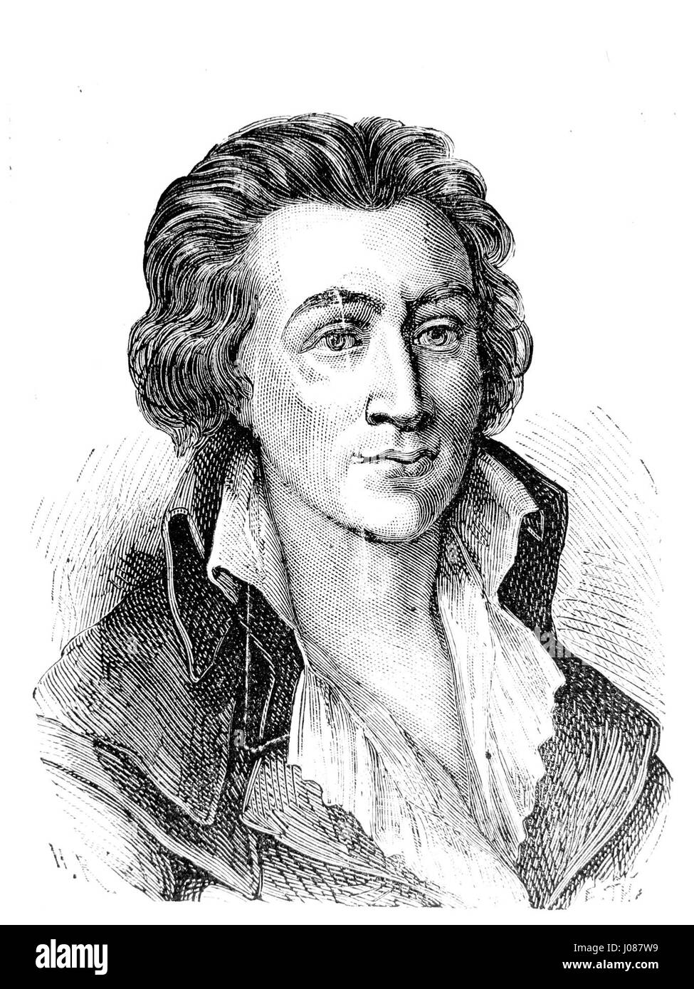 Fabre d'Églantine, a French revolutionary figure, is depicted in the engraving 'AduC 157,' representing his role in the turbulent political landscape of 18th-century France. This image captures his influence in the French Revolution and his contribution to the cultural shifts of the time. Stock Photo