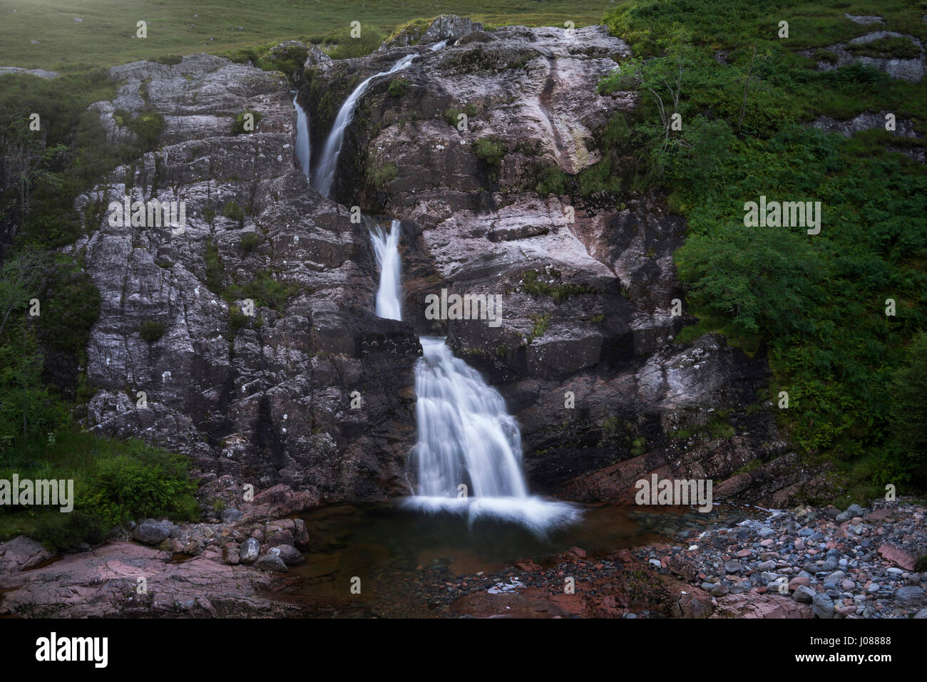 Waterfall, meeting of three waters, Glencoe, Argyll, Scottish Highlands, Scotland, UK Stock