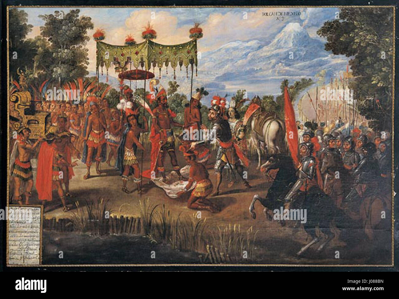 The historical painting 'The Meeting of Cortés and Montezuma' captures the dramatic moment during the Spanish conquest of Mexico when Hernán Cortés meets the Aztec emperor Montezuma. Stock Photo