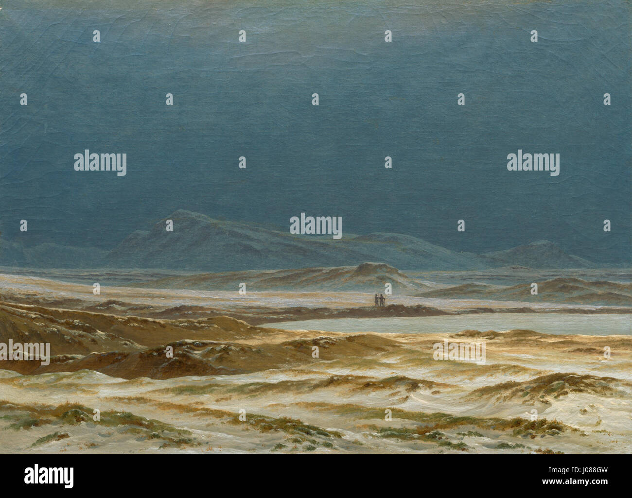 Caspar David Friedrich's 'Nordische Landschaft, Fr��hling' depicts a serene Northern European landscape, with a focus on the arrival of spring. The work reflects Friedrich's iconic romanticism, using nature to convey themes of solitude, reflection, and the sublime. Stock Photo