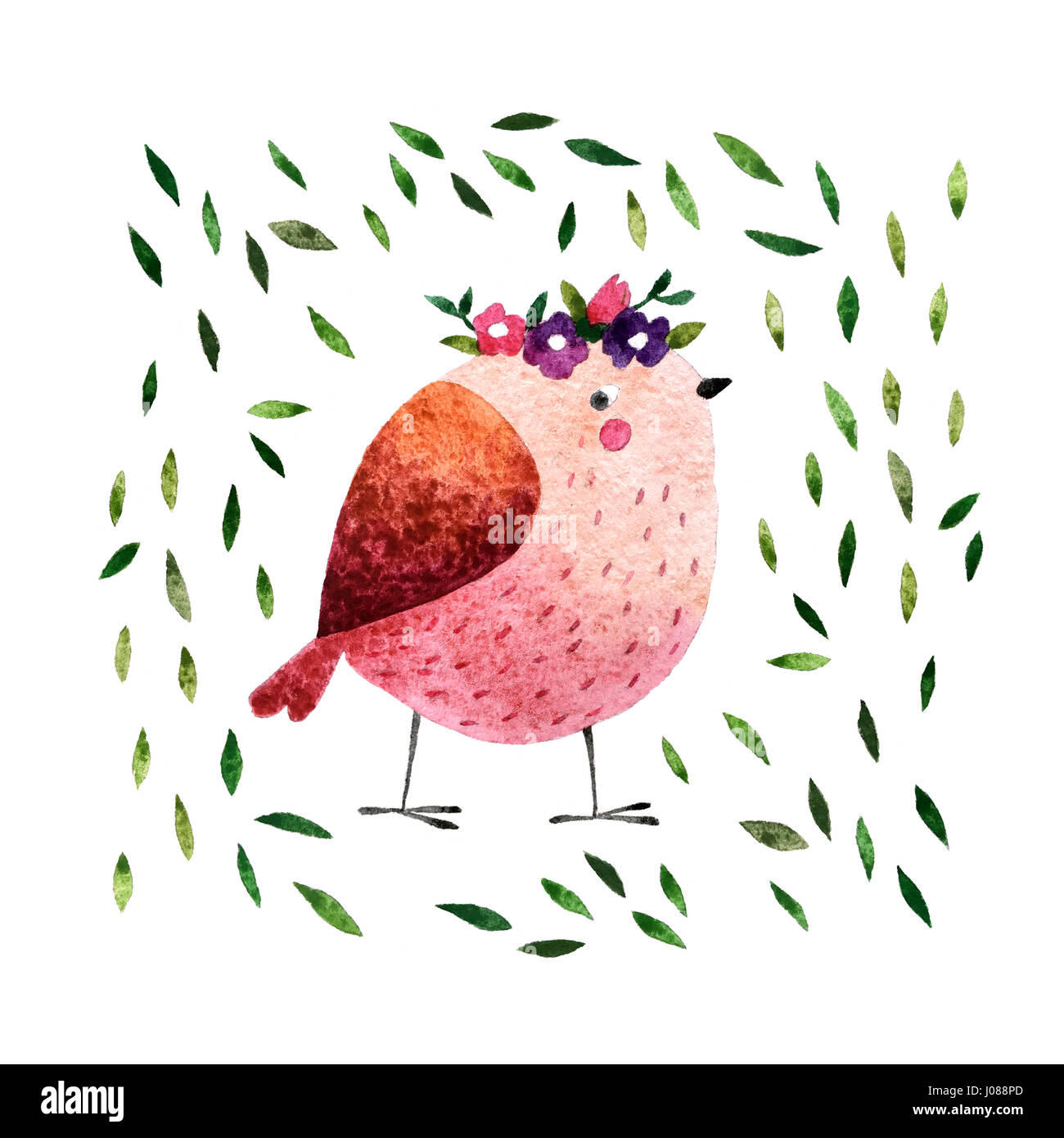 Isolated on white background hand drawn bird. Watercolor pink bird with ...