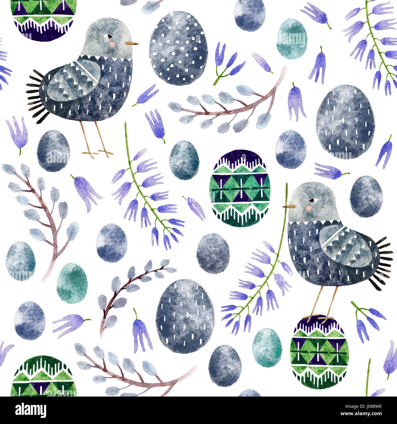 Seamless pattern with hand drawn eggs and birds. Isolated on white watercolor easter eggs and other elements for textile, fabric and wallpaper. Easter Stock Photo