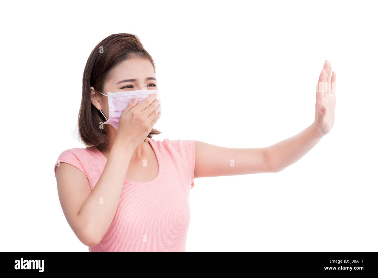 Woman get sick. Asian young woman wear medical face mask Stock Photo
