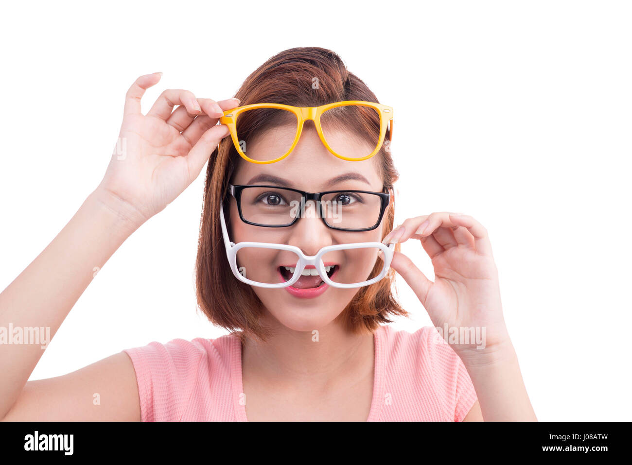 Closeup portrait of a young cheerful asian woman in glasses Stock Photo ...