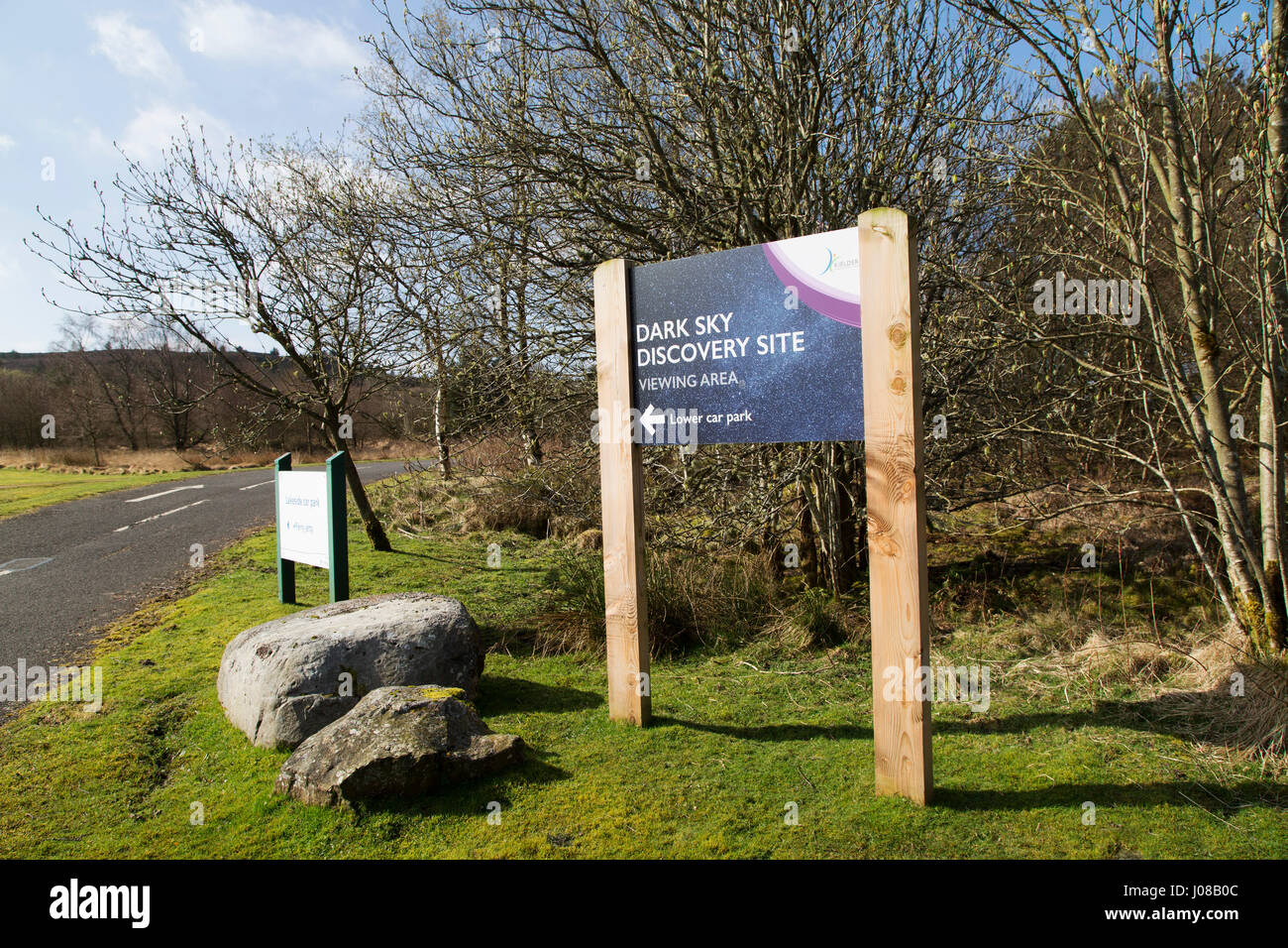 Sign for the Dark Sky Discovery Site at Kielder Water in Northumberland, England. The area around the lake is the site of a Dark Sky Preserve. Stock Photo