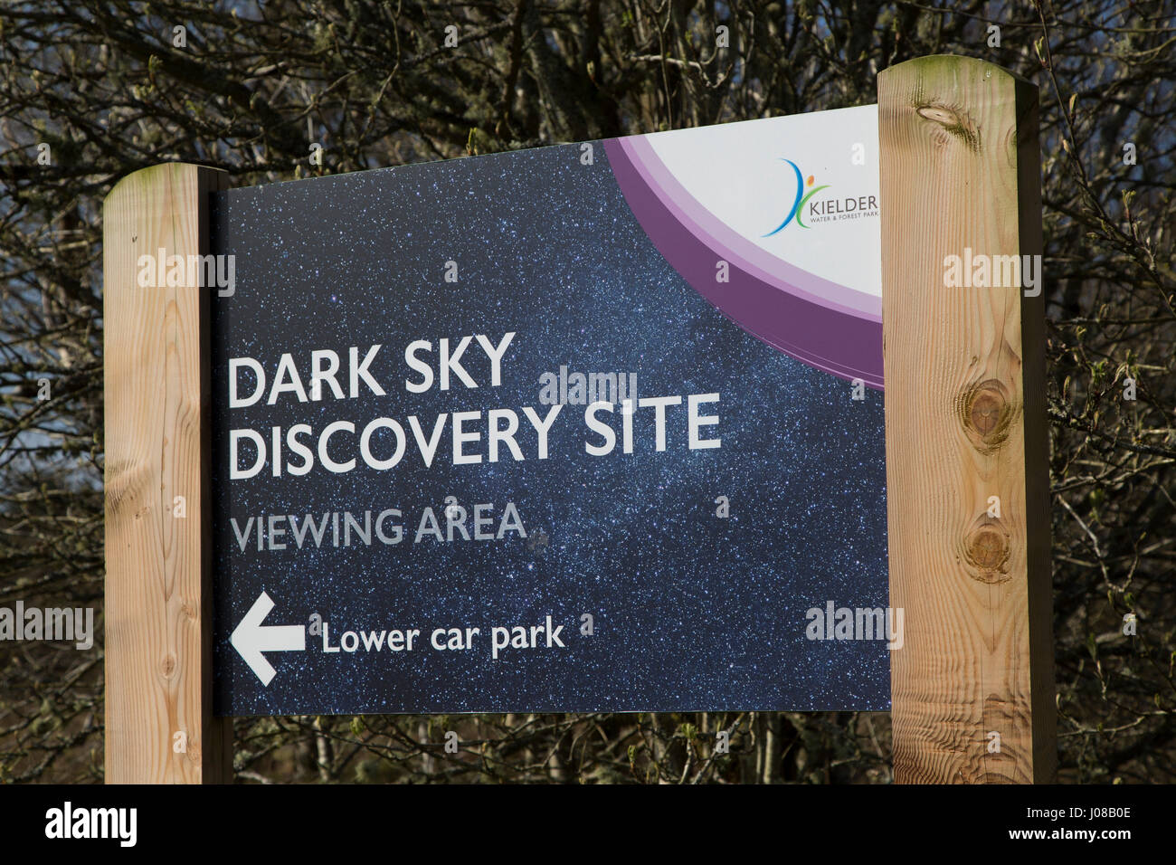 Sign for the Dark Sky Discovery Site at Kielder Water in Northumberland, England. The area around the lake is the site of a Dark Sky Preserve. Stock Photo