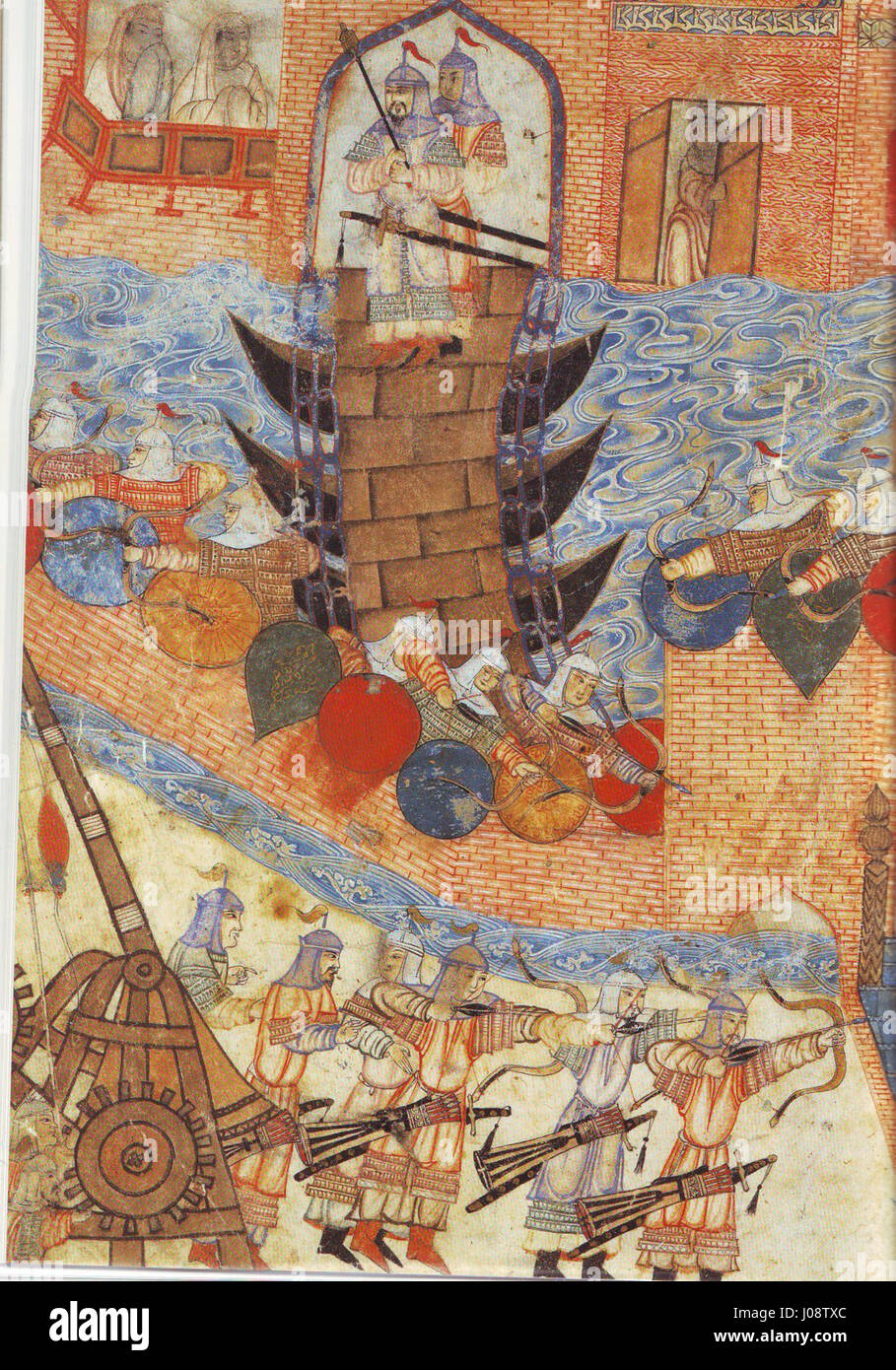 Persian painting of HülegüE28099s army attacking city with siege engine Stock Photo