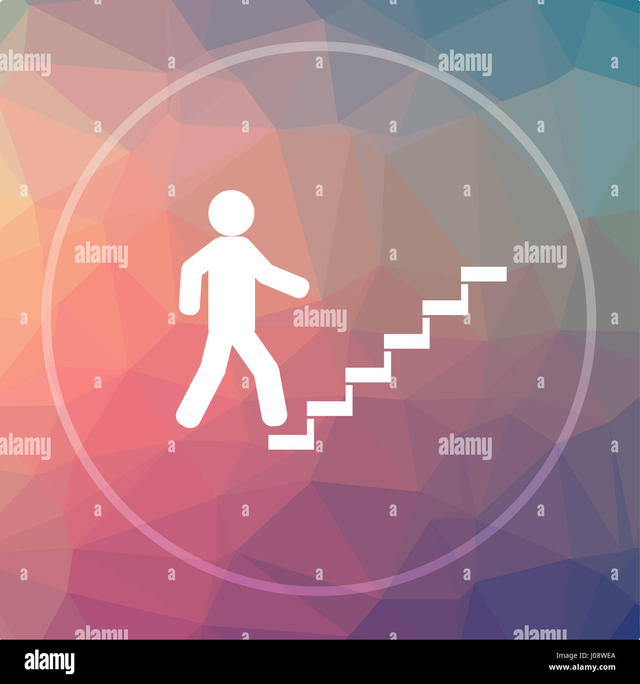 Businessman on stairs - success icon. Businessman on stairs - success website button on low poly background. Stock Photo