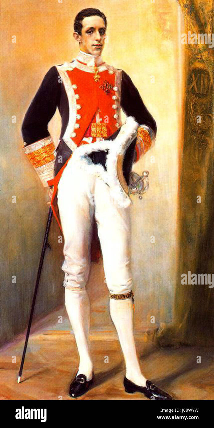 This portrait of Alfonso XIII, painted by José Villegas Cordero, captures the Spanish king with regal dignity. The painting reflects the monarchy's significance in early 20th-century Spain and is a key example of royal portraiture. Stock Photo