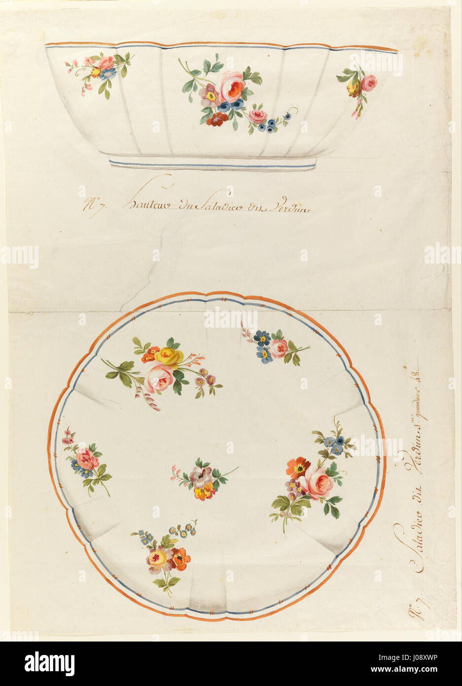 Sèvres Porcelain Manufactory - Design for a Painted Porcelain Scalloped Salad Bowl, for Sèvres Porcelain Manufactury - Stock Photo