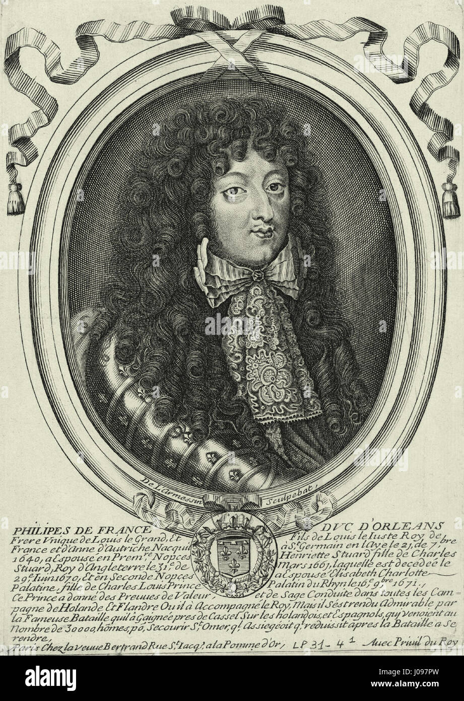 This portrait by Larmessin depicts Philippe de France, Duke of Orléans, a prominent French aristocrat and a key figure in the royal family. His depiction reflects the grandeur and importance of French nobility during the 17th or 18th century. Stock Photo