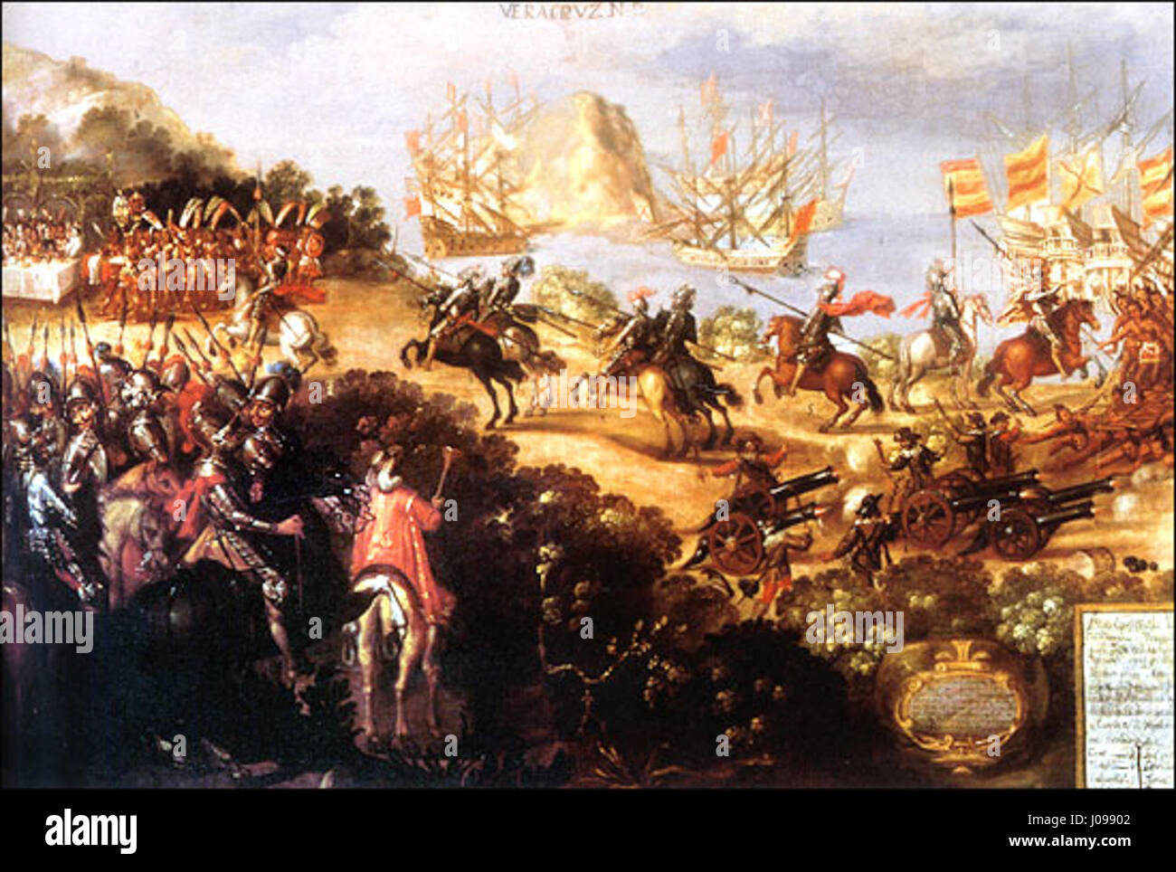 This historical artwork depicts the arrival of Spanish conquistador Hernán Cortés in Veracruz, Mexico, and the reception by Moctezuma's ambassadors, marking a significant event in the Spanish conquest of the Aztec Empire. Stock Photo