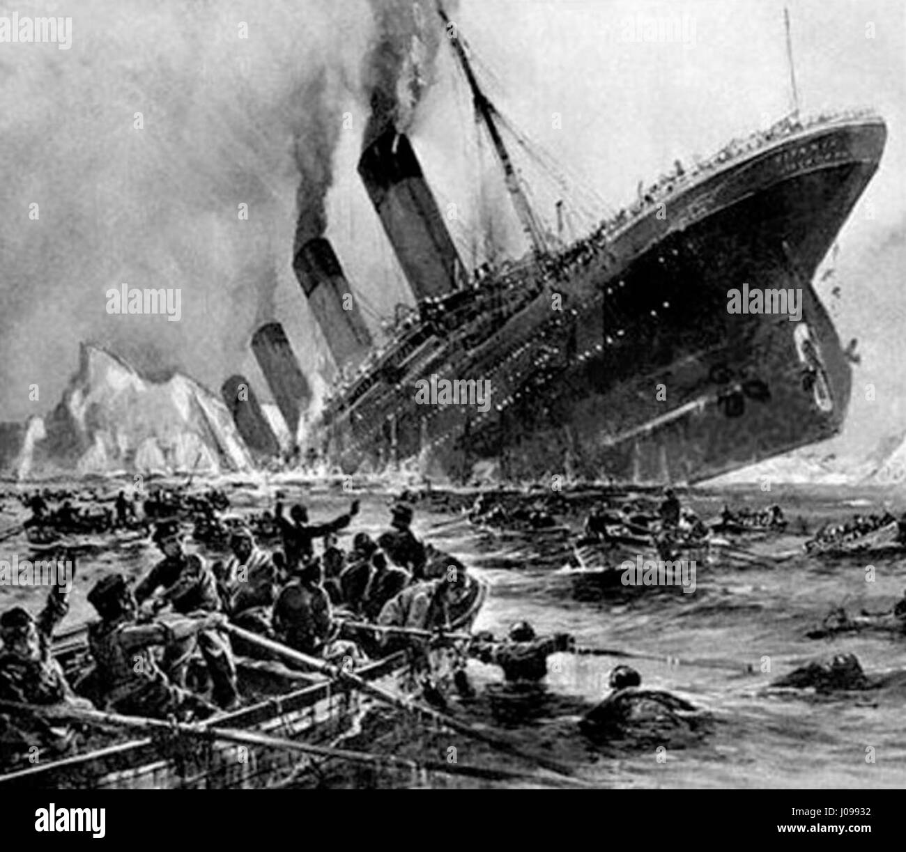 Willy Stöwer's painting captures the dramatic moment of the Titanic sinking, showing the ship in its final moments. The artwork conveys the scale of the disaster and the immense tragedy associated with the event. Stock Photo