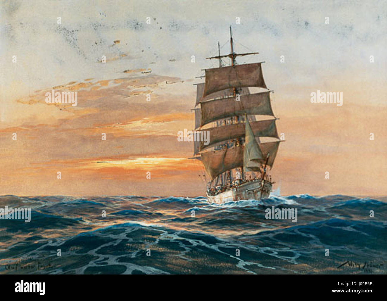 Willy Stöwer’s painting 'Vollschiff vor untergehender Sonne' depicts a full-rigged ship sailing into the sunset, capturing the beauty of maritime life. The work highlights the vivid colors of the ocean and sky, emphasizing the ship’s powerful silhouette against the fading light. Stock Photo