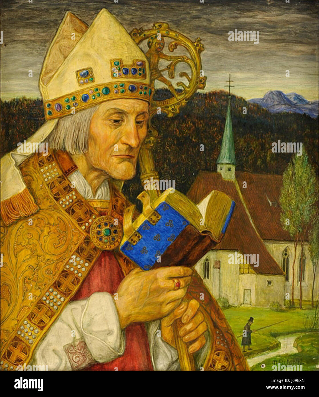 Hl Wolfgang von Regensburg - Gemälde von Matthäus Schiestl img2 Stock Photo