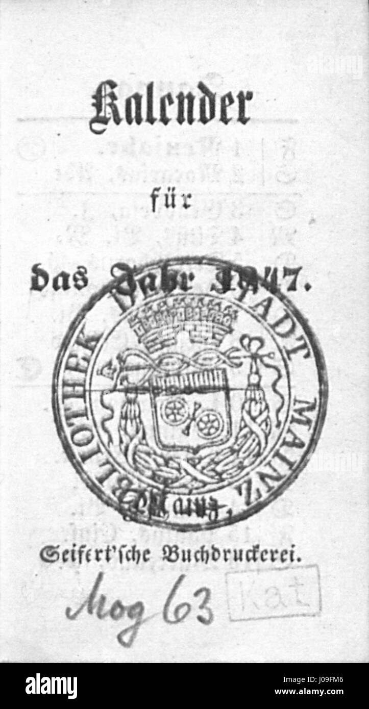 The 'Kalender für das Jahr 1847' is a historical almanac from Mainz, providing detailed information on events, holidays, and astronomical phenomena for the year 1847. It reflects the societal and cultural norms of mid-19th-century Germany. Stock Photo