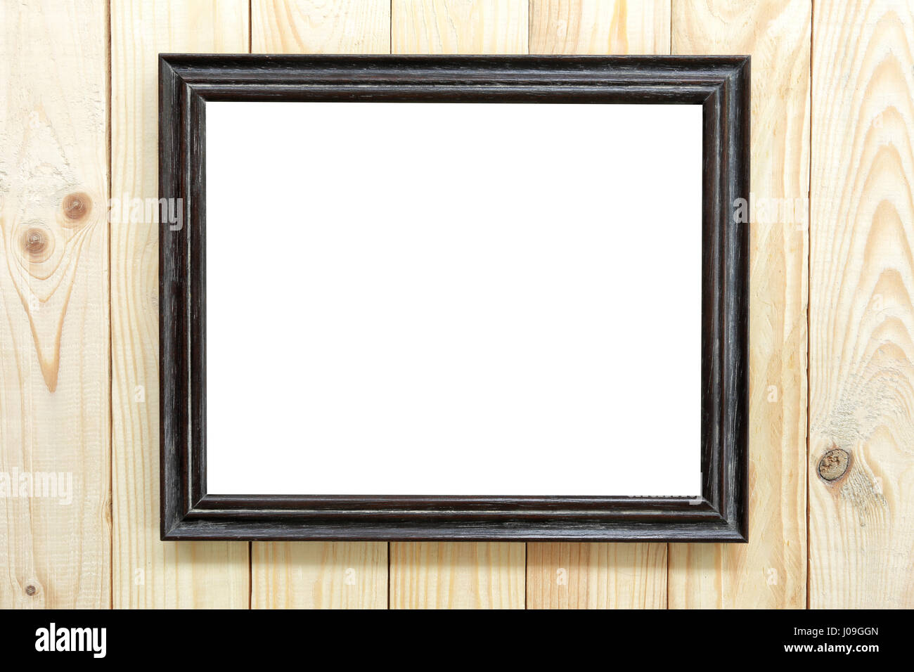 Black wood frame on wooden floor and have square of copy space. Stock Photo