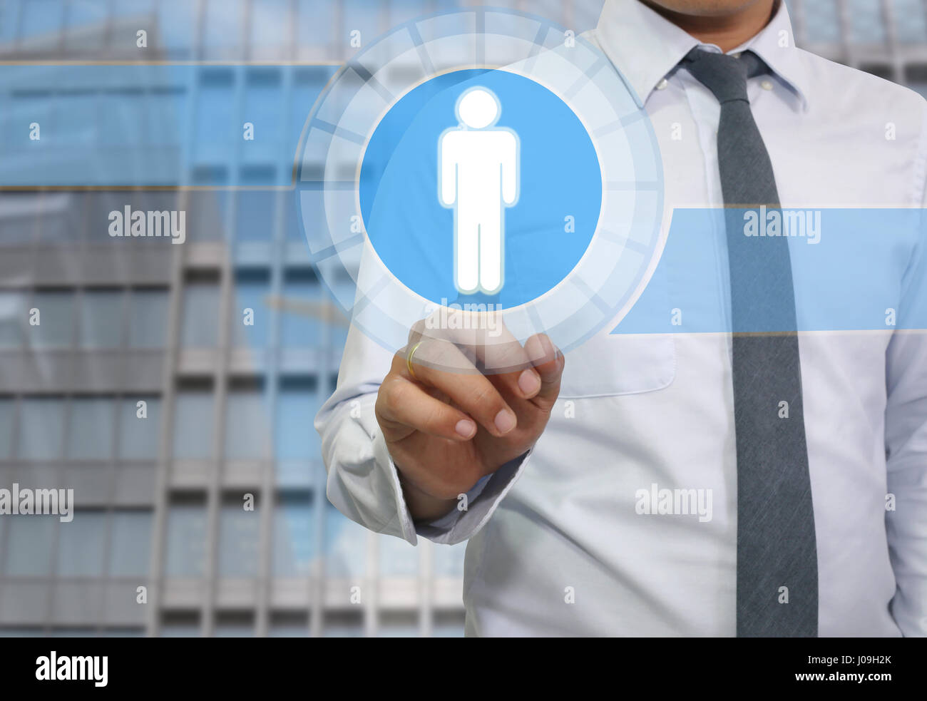 Hand of businessman pointing to a blue button and have men logo for ...
