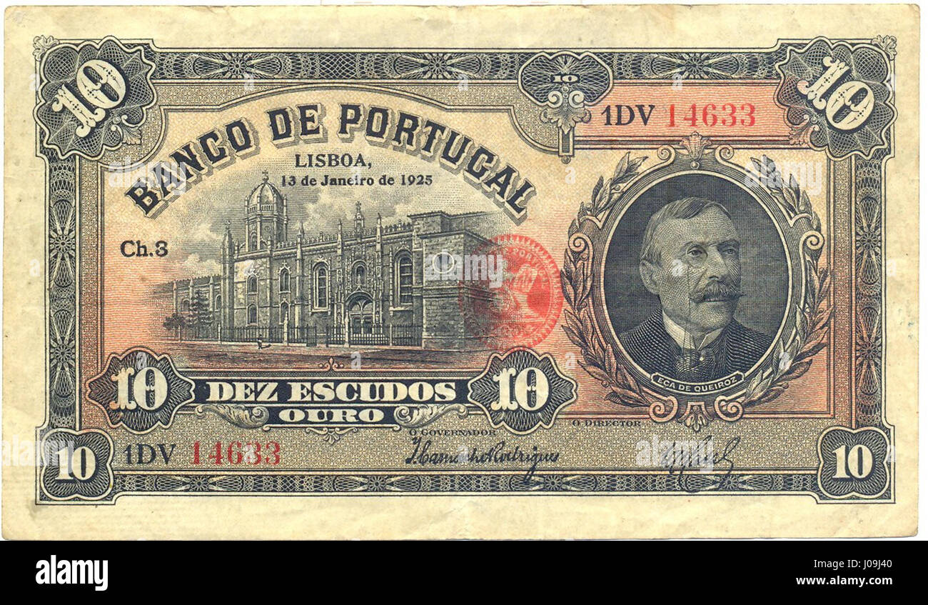 Portugal currency 10 Escudos banknote of 1925, Eça de Queiroz Stock