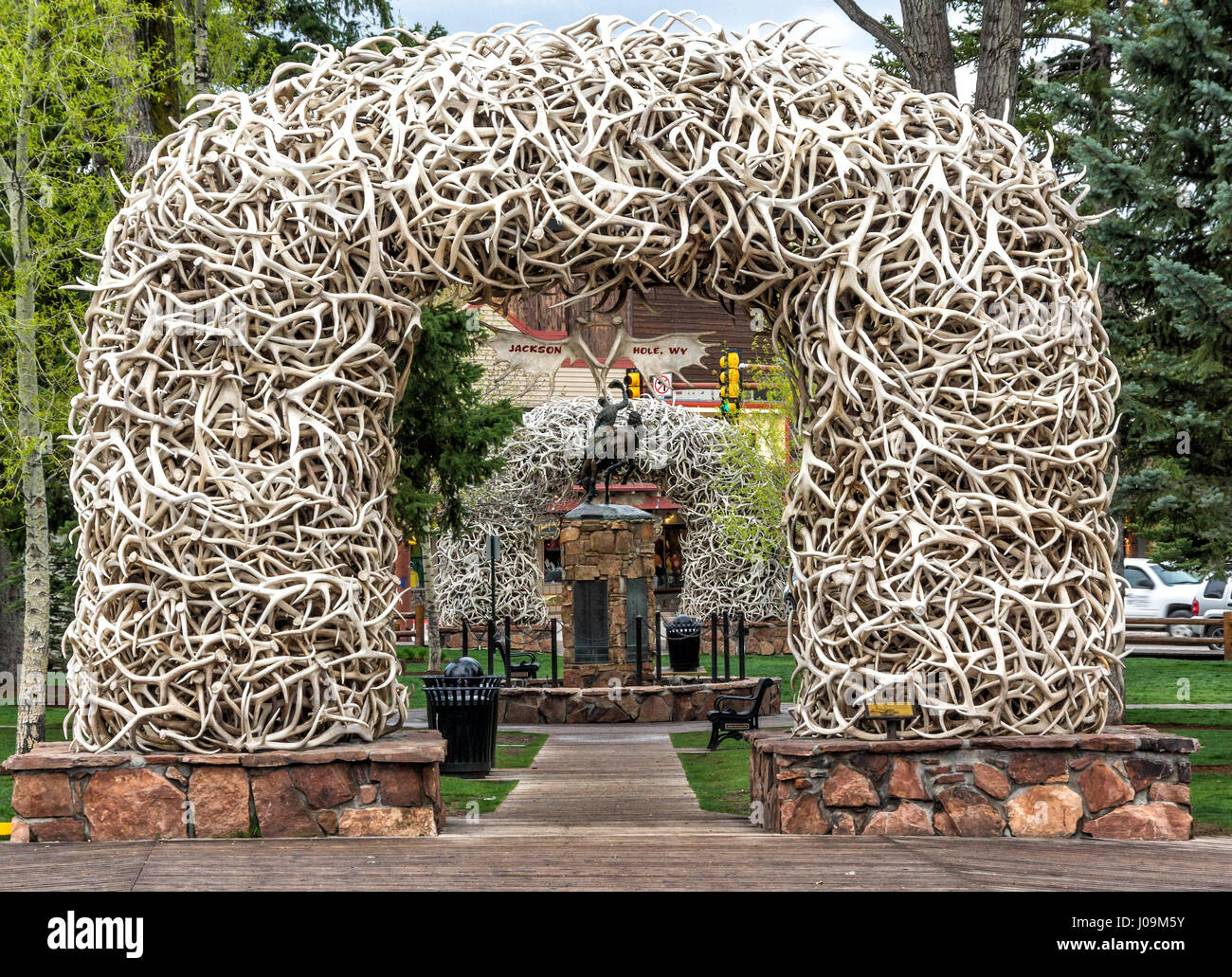 Elk antler arches in Jackson town square, Wyoming. 13 May, 2013 Stock