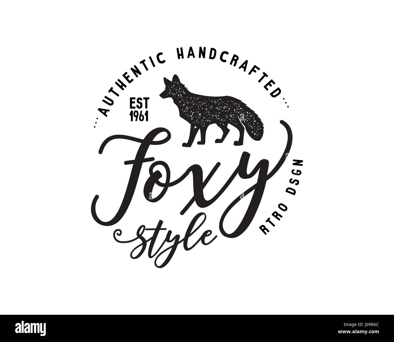 Vintage hand drawn wild animal label. Fox silhouette shape and typography elements - authentic handcrafted. Old style monochrome patch design. Rustic stamp vector t shirt template. Stock Vector