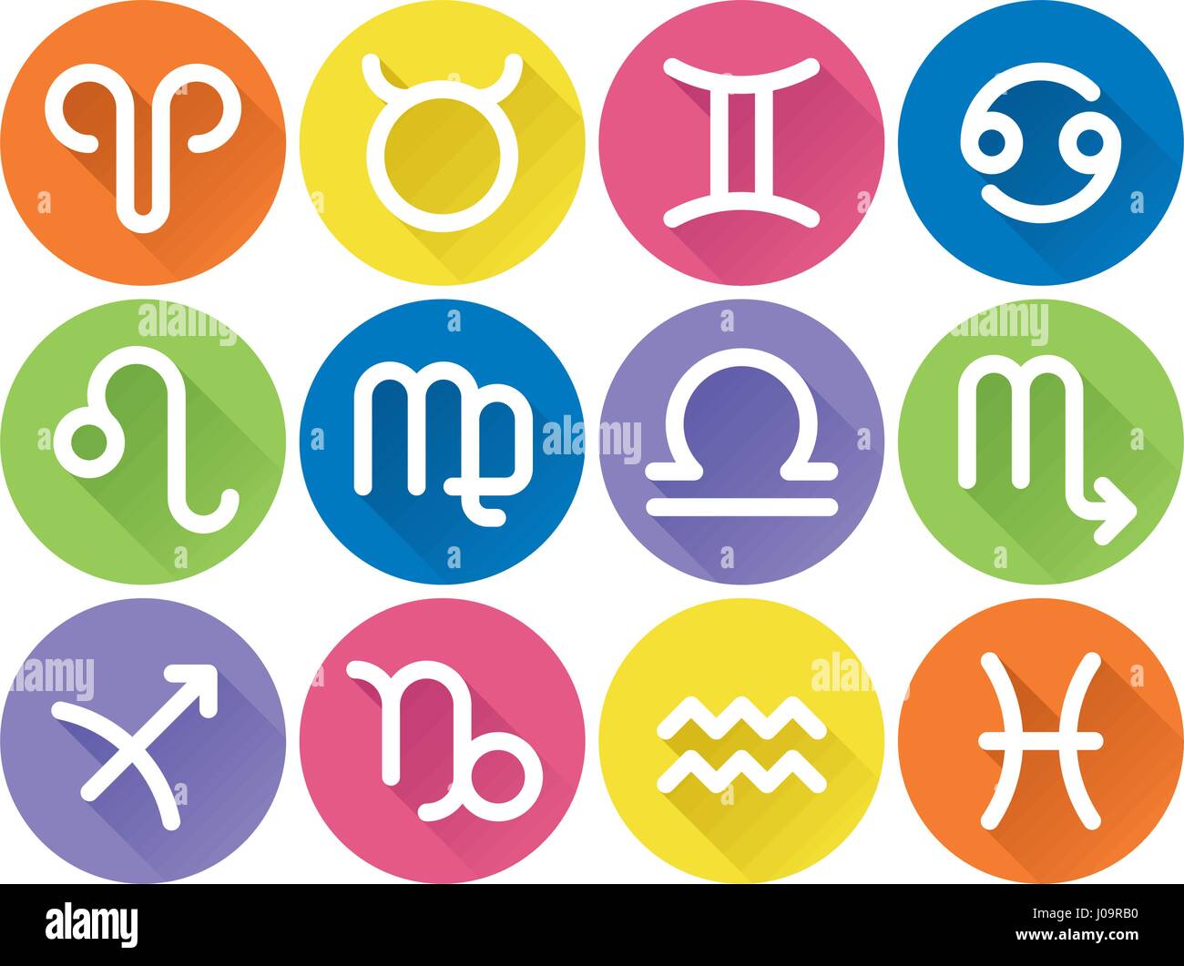 Set of flat geometric zodiac symbols with long shadow in vibrantly ...