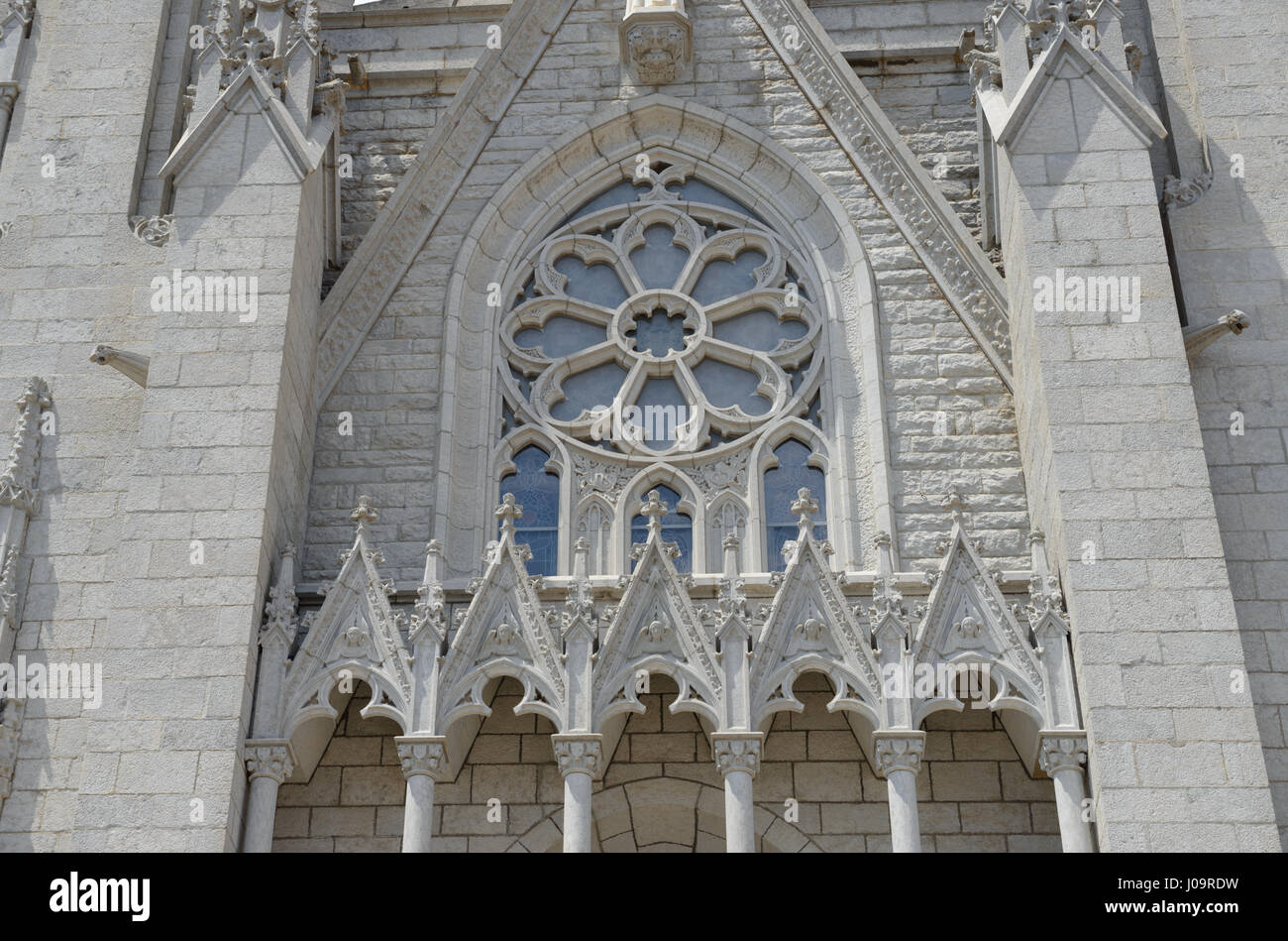 Close-up stone tracery details of southern facade of the Sacred Heart of Jesus temple in Barcelona, Catalonia, Spain. Stock Photo