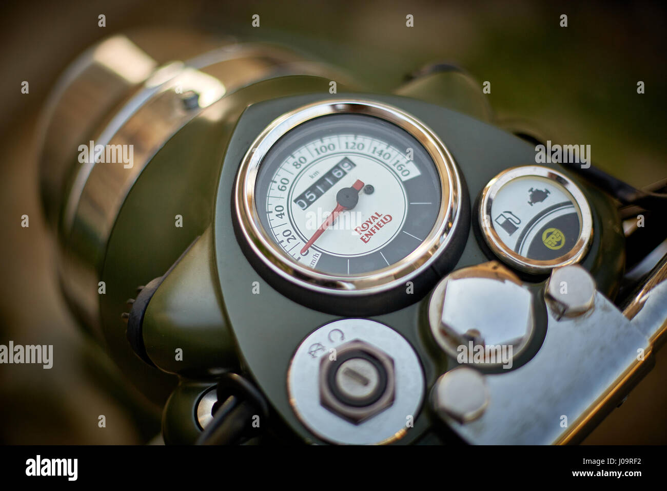 Details on a Royal Enfield Motorcycle Stock Photo