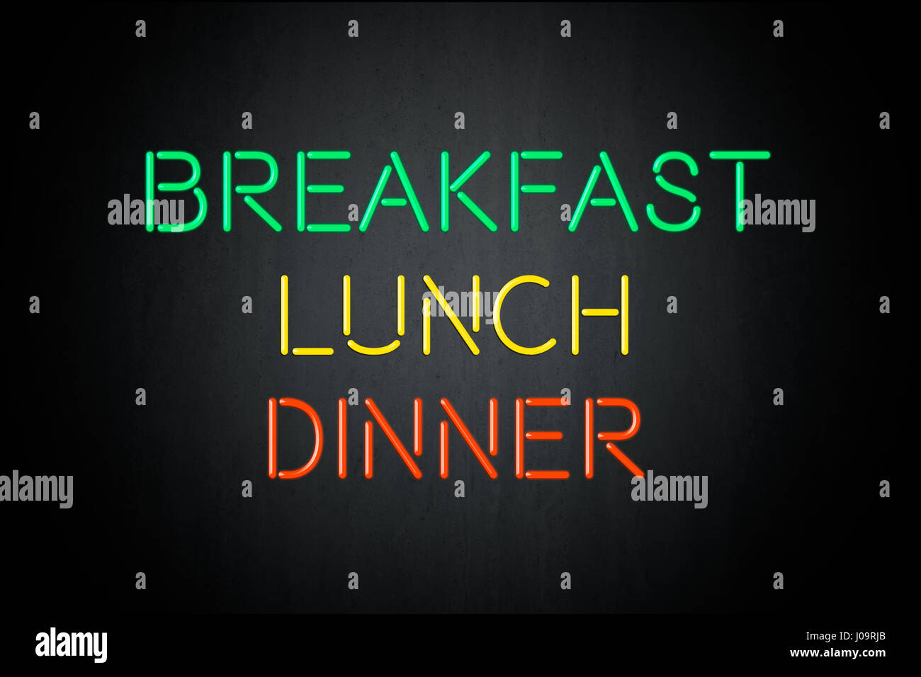 Electric signboard with bright neon lights, with breakfast lunch dinner ...