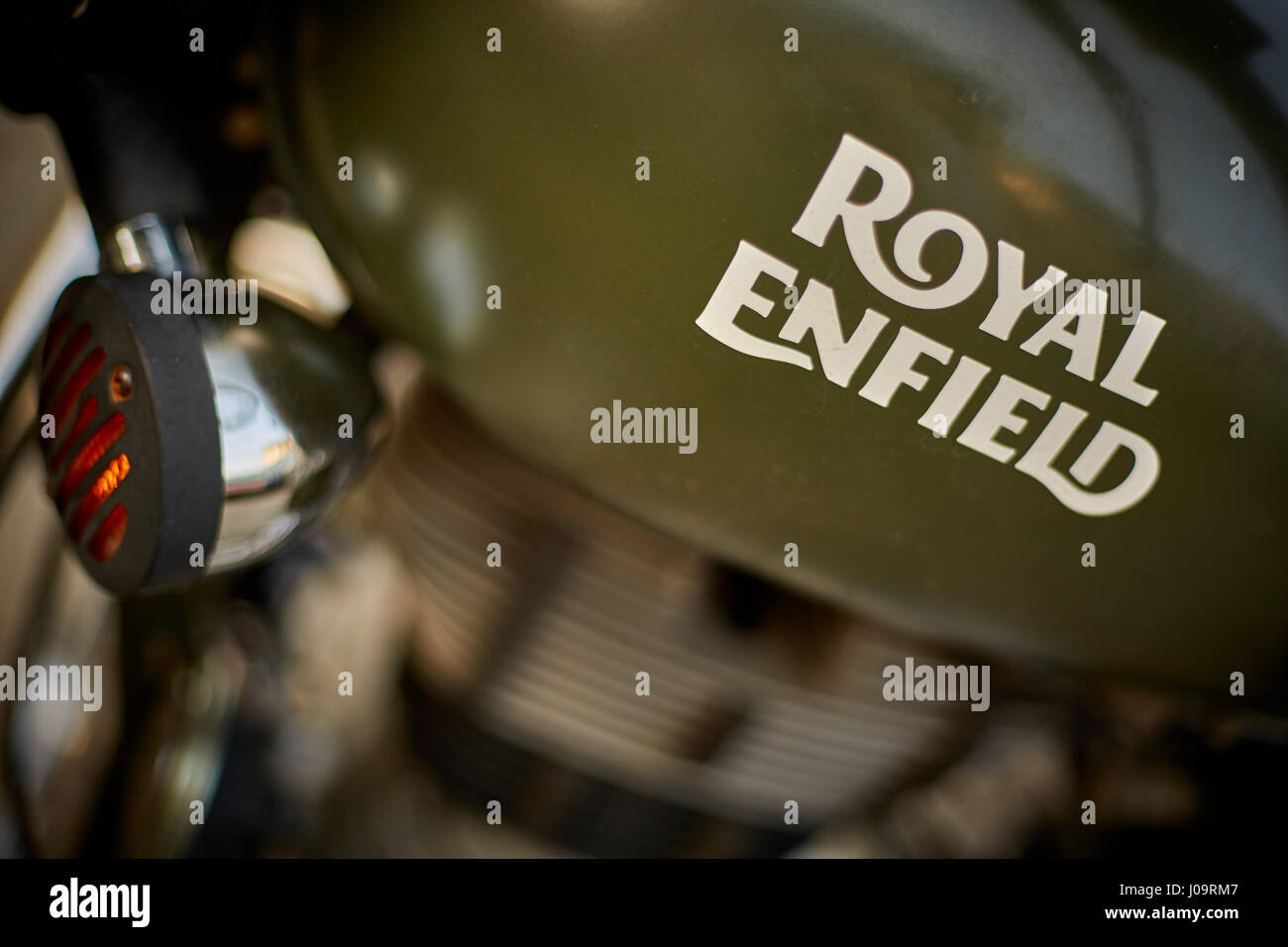 Details on a Royal Enfield Motorcycle Stock Photo