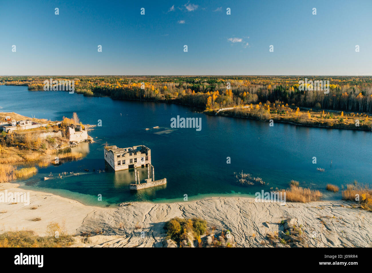 Abandoned Rummu quarry from above view. Autumn landscape by sunset. Harjumaa, Estonia. Stock Photo