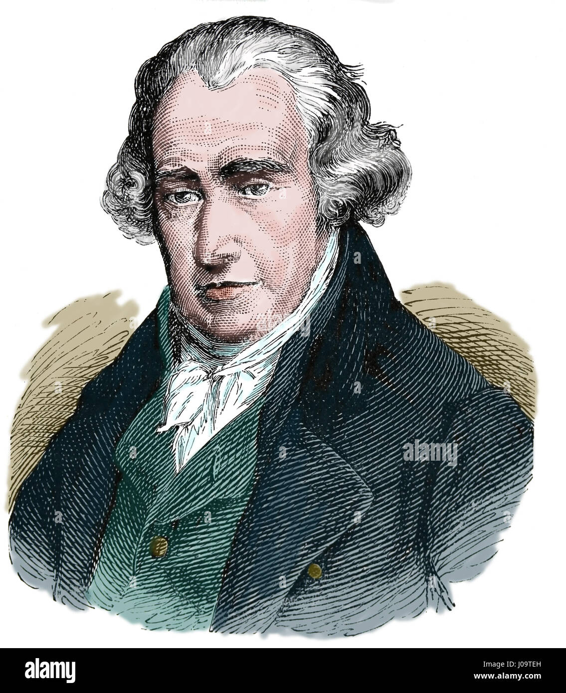 James Watt (1736-1819). Scottish inventor, mechanical engineer. Engraving, 1883. Engraving, Nuestro Siglo, 1883. Stock Photo